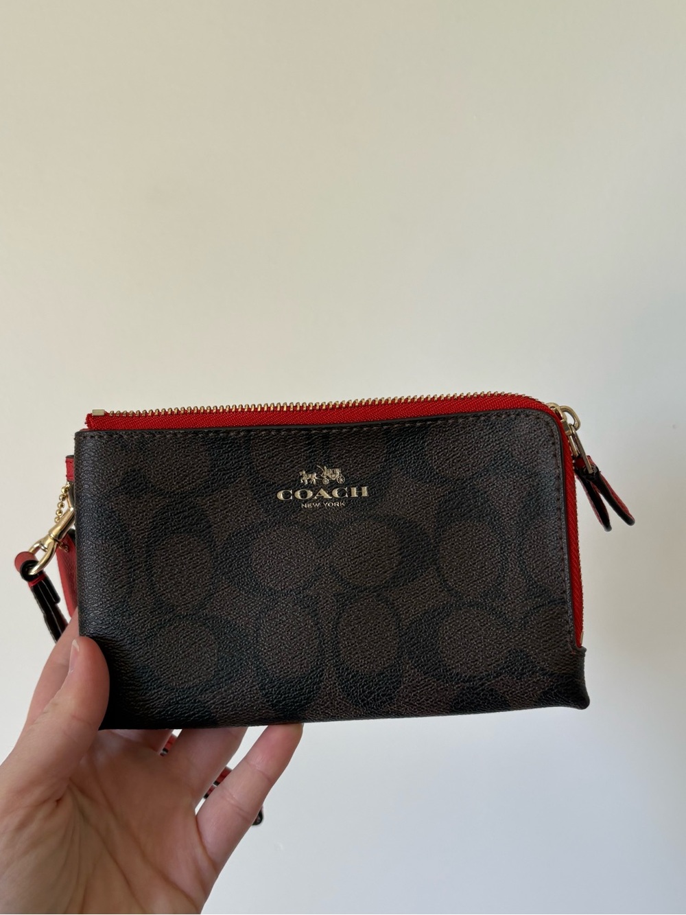 Coach Double Zip Wallet/Wristlet in Signature Canvas (Brown / 1941 True Red)